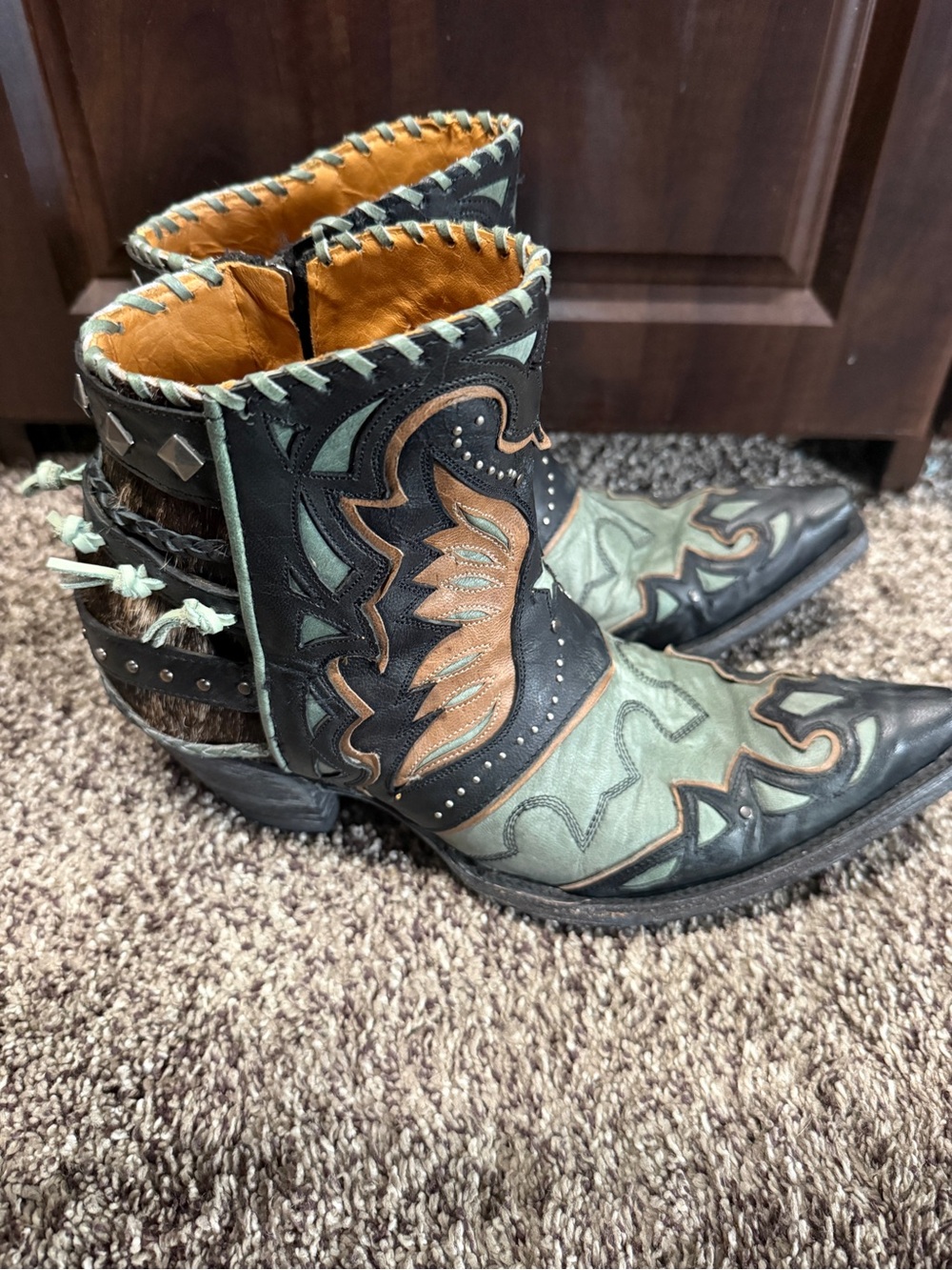 Old Gringo Eagle Flight Black & Aqua Western Cowboy Boots Booties Hair-On Hide - Picture 3 of 8